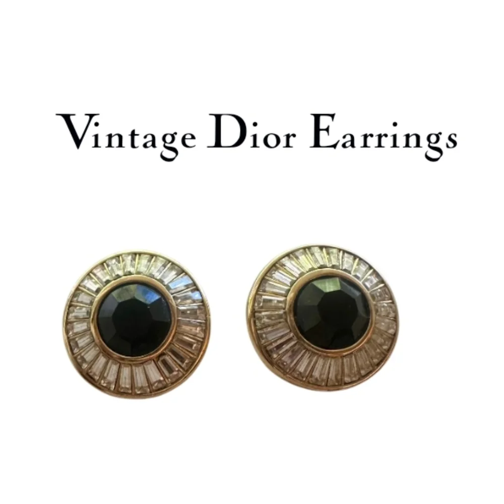 Vintage Christian Dior Earrings – Gold-Tone, Baguette Rhinestones - Picture 1 of 9